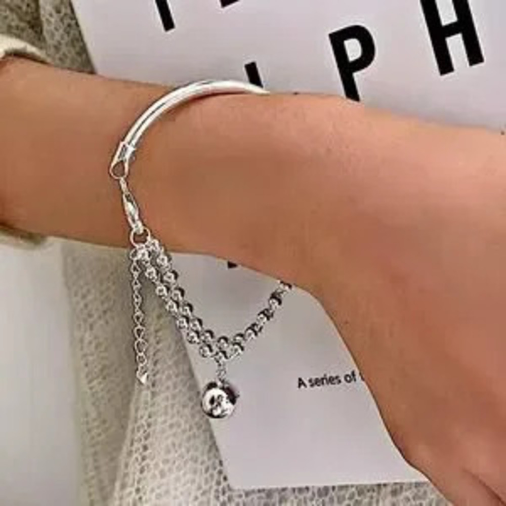 Sterling Silver Beaded Bangle Ball Drop Bracelet